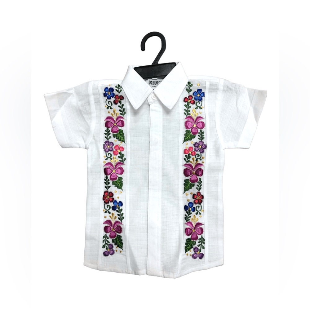 White Guayabera with Floral Embroidery for Boys Linen Short Sleeve
